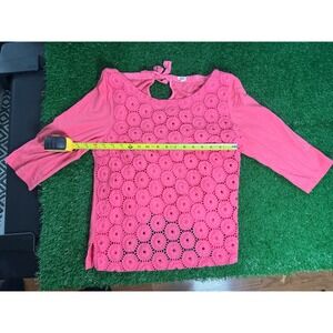 J.Crew Womens Pink Eyelet Lace Front Tie Back Keyhole 3/4 Sleeve Top Size L